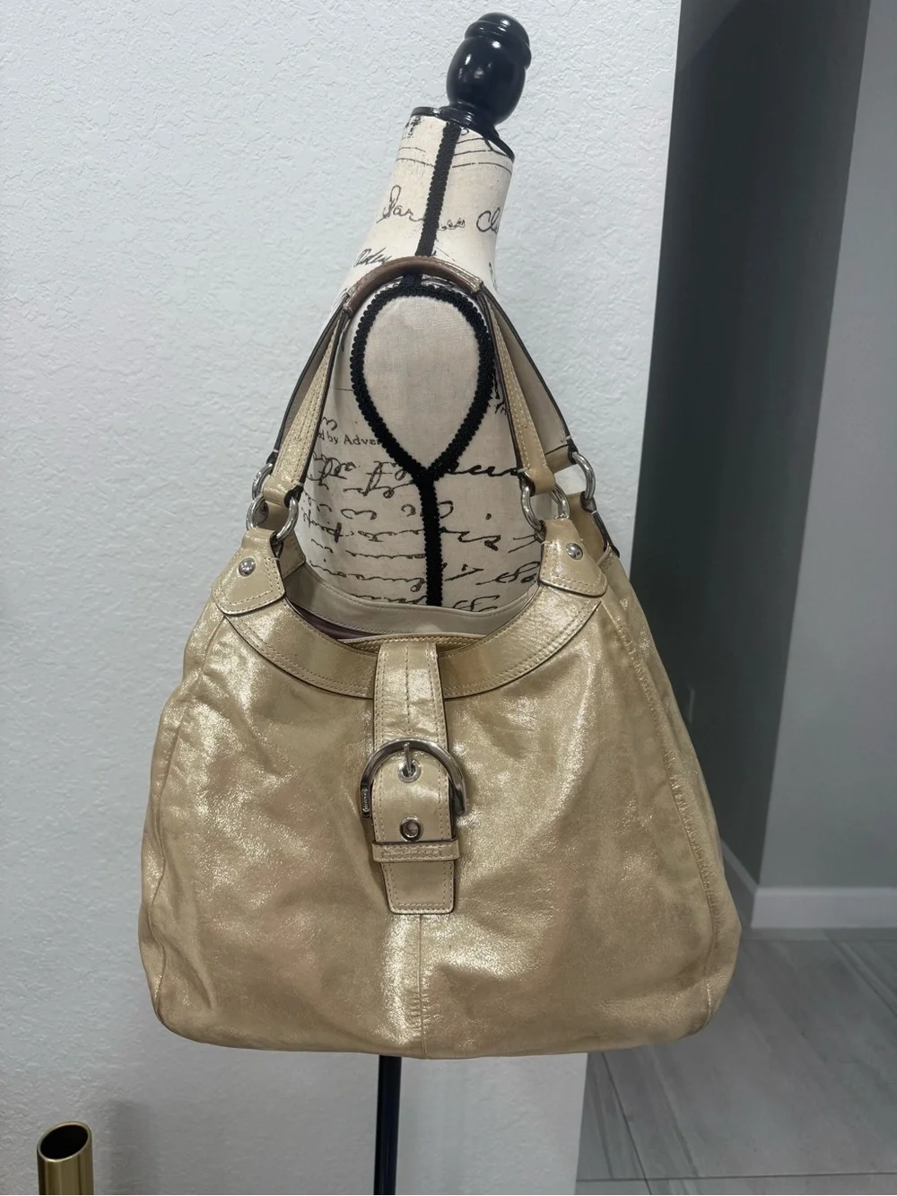 Coach Metallic Gold Leather Hobo Shoulder Bag Large Buckle Silver Hardware